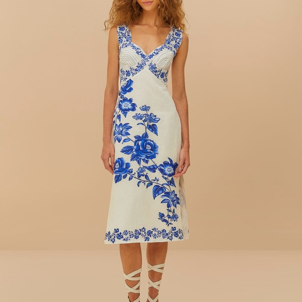 FARM Rio White Midi Dress with Blue Floral Print